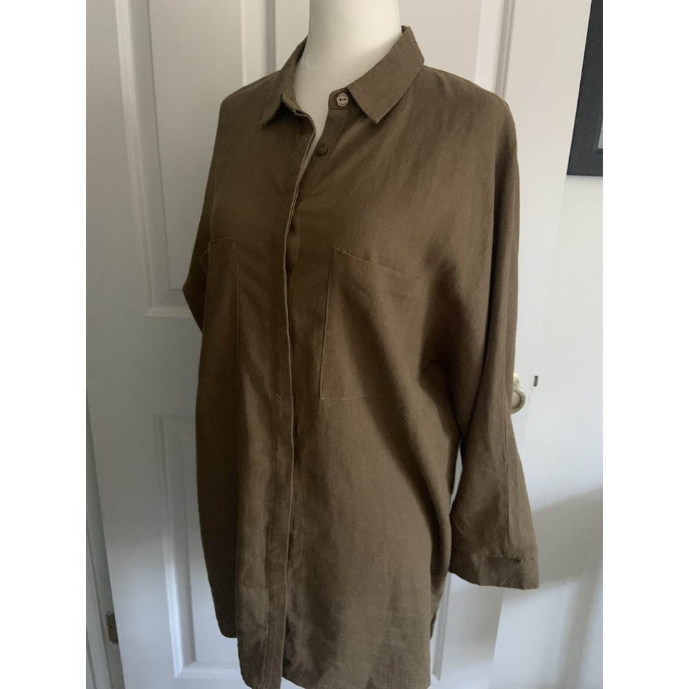 Cynthia Rowley Linen Olive Green button front hidden placket pocket shirt sz M